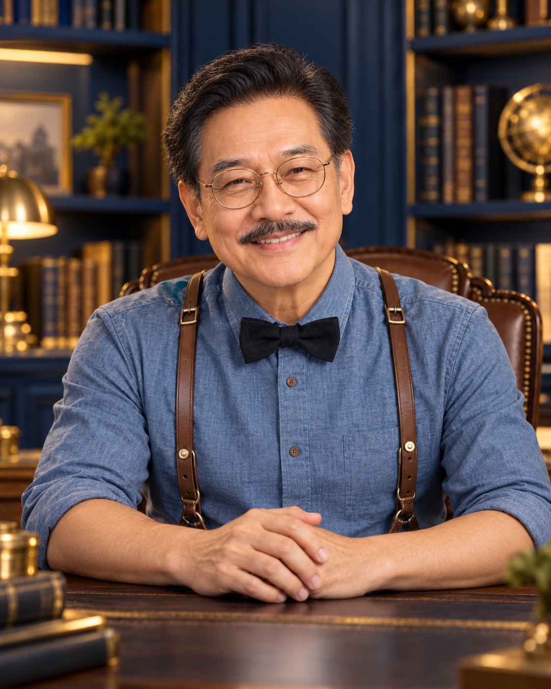 Ai Tauke Guru, an approachable Asian professional with black hair, a black moustache and round glasses, wearing a blue shirt, black bow tie and brown suspenders