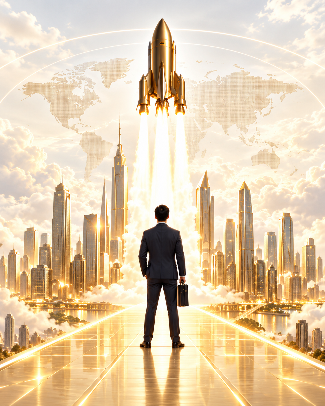 An entrepreneur standing before a golden rocket, representing the start of a business journey